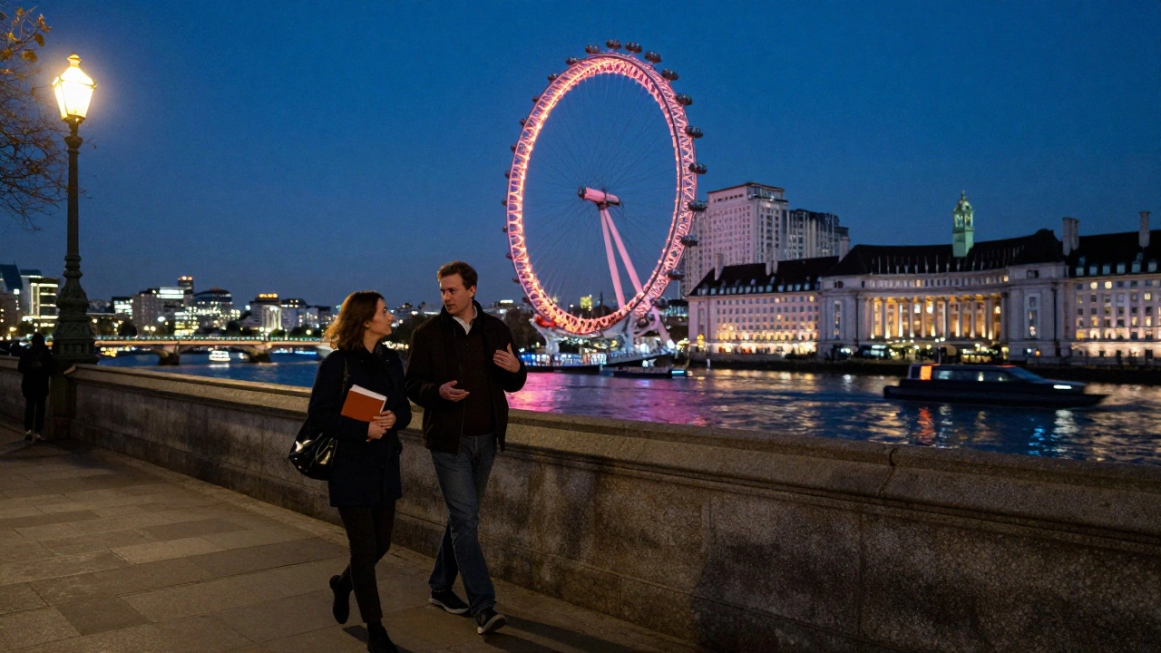 A couple strolls along the Thames at night, the London Eye glowing in the distance, their reflections on the water.