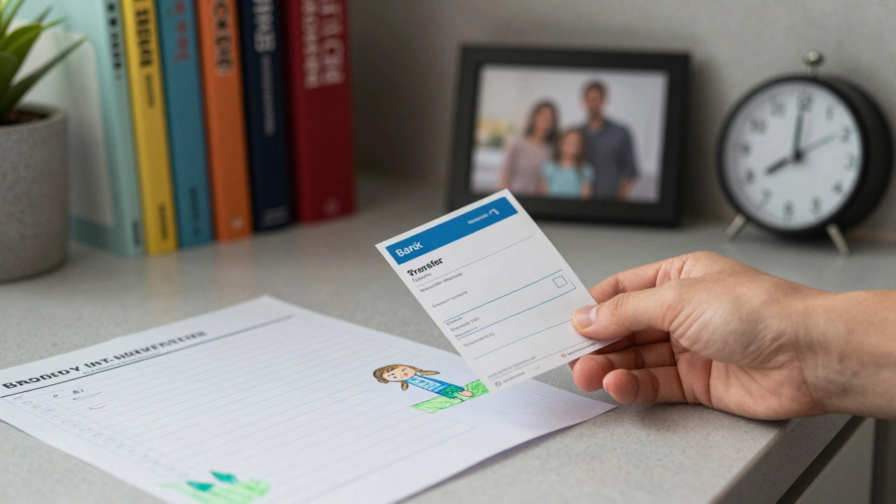 A hand placing a bank transfer notice beside a child’s drawing and grocery list on a kitchen counter.