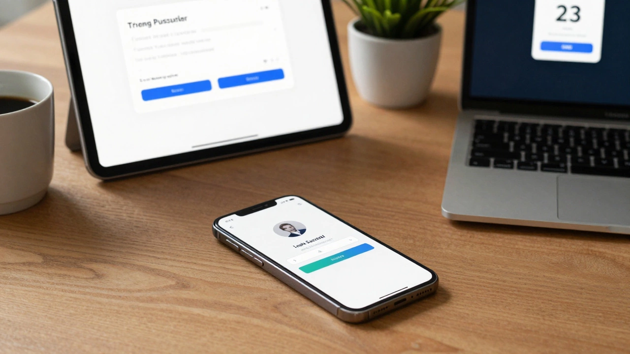 Mobile phone showing successful login with password manager and 2FA notification visible.