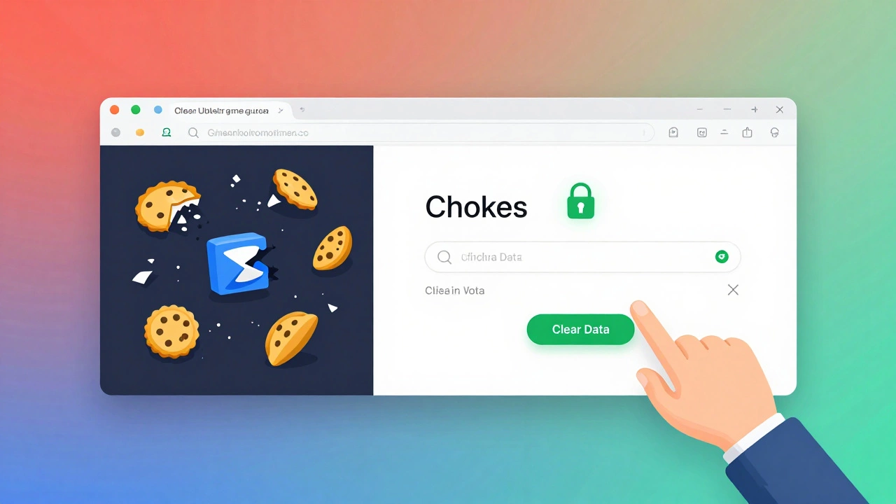 Split-screen showing corrupted browser data clearing away as clean login page loads.