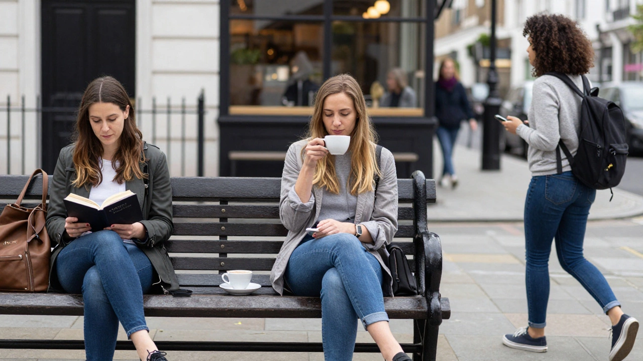 Three diverse women in everyday settings across London — reading, drinking tea, walking.
