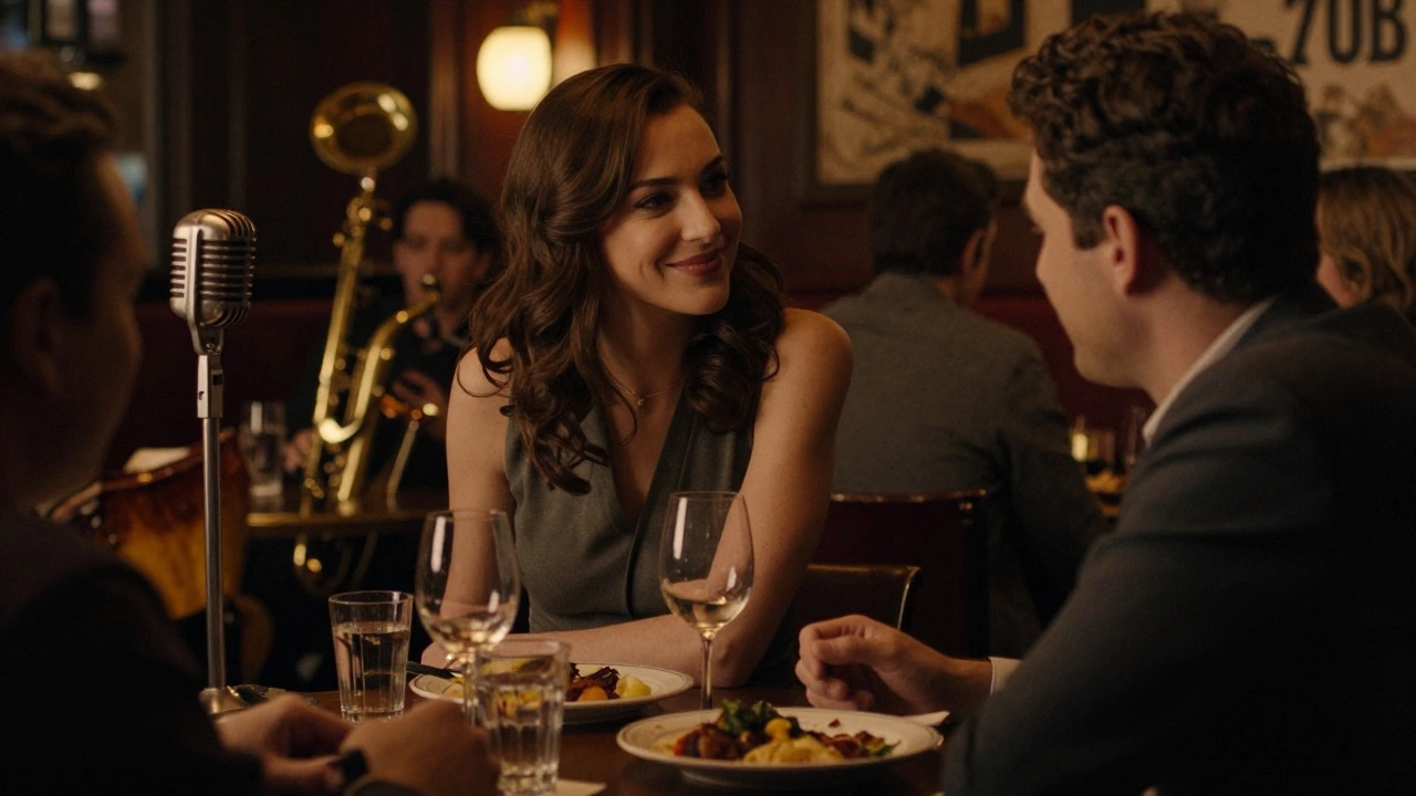 Two people share an intimate conversation in a dimly lit Soho jazz bar, wine glasses and soft lighting around them.